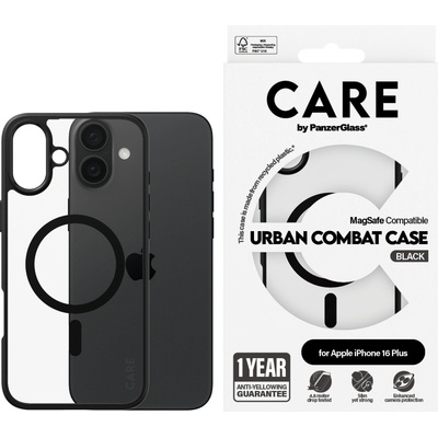 Panzer Гръб CARE by PanzerGlass за iPhone 16 Plus, Flagship Case Urban Combat Black Frame and MagSafe