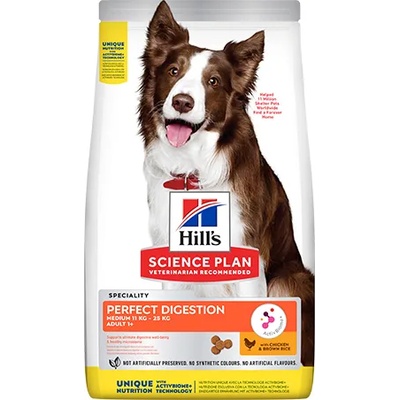 Hill's Hill’s Science Plan Perfect Digestion Medium Adult Dog - Пълноценна суха храна за израснали кучета над 1г. от средни породи 11-25 кг. с пилешко месо и кафяв ориз, 14 кг