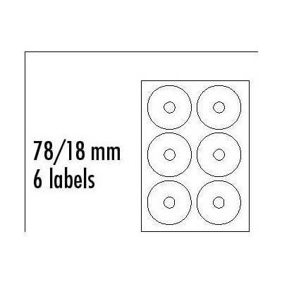Logo etikety na CD 78/18mm, A4, matné, biele, 6 etikiet, 140g/m2, balené po 25 ks, pre atramentové a laserové tlač. 5102