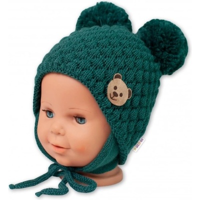 BABY NELLYS Zimná pletená čiapka Teddy Bear na zaväzovanie zelená