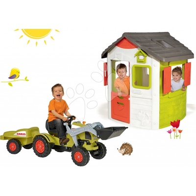 Smoby set domček Jura Lodge s dvoma dverami a traktor na šliapanie s nakladačom a prívesom 810500-28