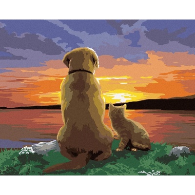 zuty Malování podle čísel Pes a kočka pozorují západ slunce Howard Robinson 40 x 50 cm vypnuté plátno 8596530061977