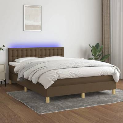 vidaXL Боксспринг легло с матрак и LED, тъмнокафяво, 140x200 см, плат (3134040)