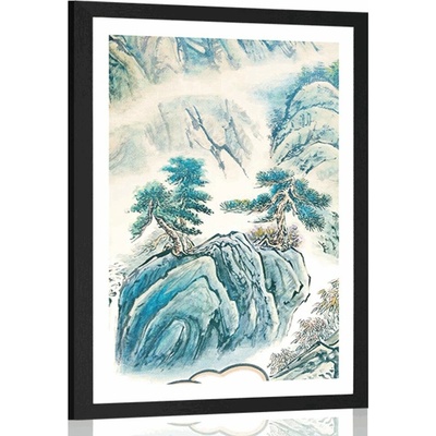 Plakát s paspartou čínská krajinomalba - 30x45 silver