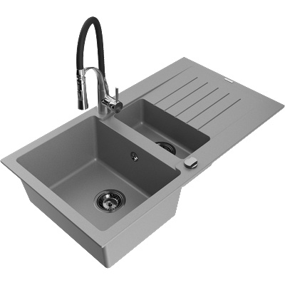 Mexen Matias гранитна мивка 1, 5-коморна с отцедник и кухненски смесител Aster, сив - 6502-71-73450-07-B (6502-71-73450-07-B)