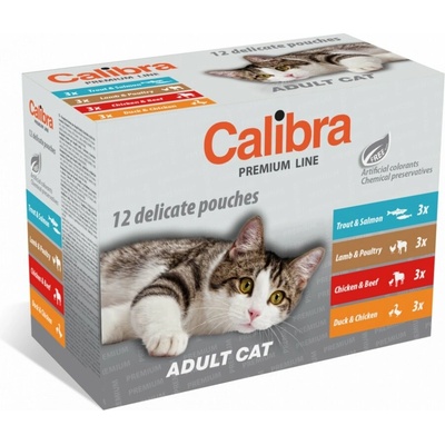Calibra Premium Line Adult Pstruh a losos / jahňacie a drůbeží / kuraciecí a hovädzie a kuracie / kachna s kuracietem v omáčke 12 x 100 g