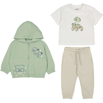 Mayoral Анцуг play с бяла тениска, суичър в светлозелено и бежов панталон за бебе момче Mayoral