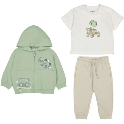 Mayoral Анцуг play с бяла тениска, суичър в светлозелено и бежов панталон за бебе момче Mayoral
