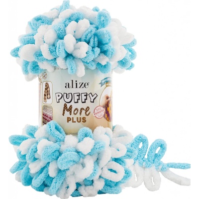 Alize příze Puffy More Plus 8001 bílá, tyrkysová