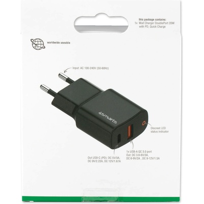 Захранване за ел. мрежа с USB, USB-C изход и технологии за бързо зареждане - 4smarts Wall Charger DoublePort 20W with Quick Charge and PD (черен) (468583)