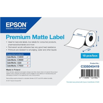 Epson C33S045419 Preмiuм Matte, за ColorWorks, 102мм x 35м, бели самозалепващи етикети (C33S045419)