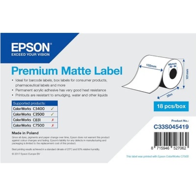 Epson C33S045419 Preмiuм Matte, за ColorWorks, 102мм x 35м, бели самозалепващи етикети (C33S045419)