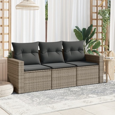 vidaXL Градински комплект с възглавници, 3 части, сив, полиратан (3250997)