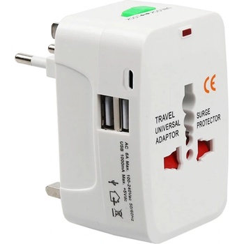 Универсален преходник - зарядно No brand, 2xUSB, 1хUSB-C, 1.0A, EU/US/UK/AU към EU/US/UK/AU, 220V, Бял - 17892 (17892)