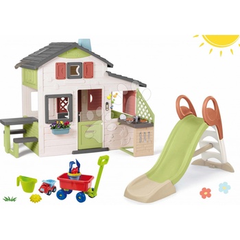 Smoby Set domček Priateľov a 1,5 m šmykľavka Toboggan Friends House Life s vodnou hrou a kuchynka so zvončekom a vozík na ťahanie
