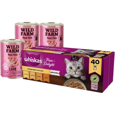 Whiskas Adult kuracím morčacím hydinovým kačacím mäsom v želé 40 x 85 g a Wild Farm Paštéta s jahňacím mäsom 3 x 400 g