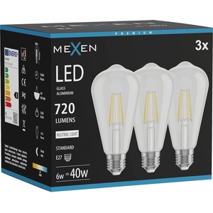 Mexen Vintis 3x LED нажежаема жичка E27, ST64, 6W, Неутрална - 4000K, 720 lm, прозрачен (L152-E27-0640-00x03)