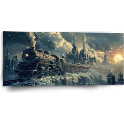 Sablio Obraz Parní lokomotiva v zasněženém městě - 110x50 cm