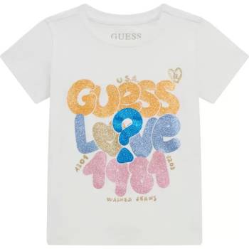 GUESS Бяла тениска с къс ръкав с цветни надписи и глитери за момиче Guess