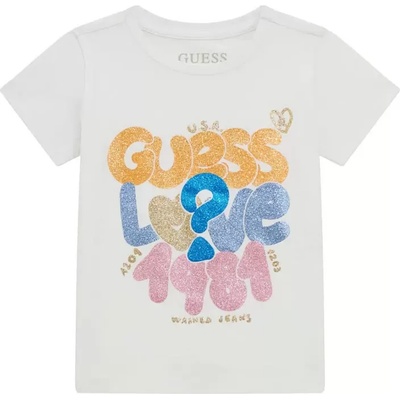 GUESS Бяла тениска с къс ръкав с цветни надписи и глитери за момиче Guess