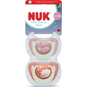 Nuk First Choice биберон залъгалка, силикон, 6-18 мес. , 2 бр. , Night, Заек/Овца (10176376)
