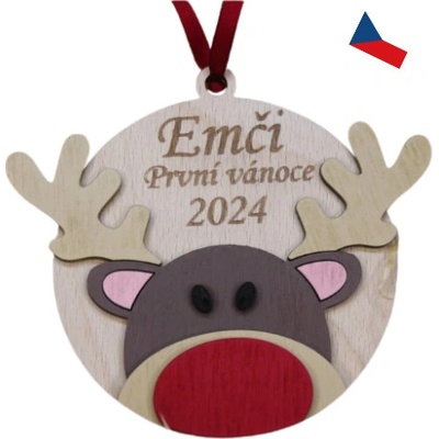 JH WoodArt Dřevěný vánoční ornament První Vánoce s motivem soba 1 ks