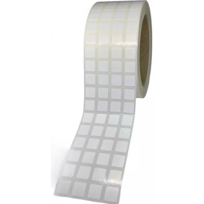 Plastová Etiketa 10 mm x 10 mm, 4 - Produkcia, Polypropylén, Biela, Dutinka 76 mm, 10000 ks/kotúč, Permanentné lepidlo