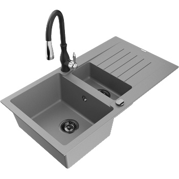 Mexen Matias гранитна мивка с 1, 5 камери с отцедник и кухненски смесител Savita, сив - 6502-71-672601-70-B (6502-71-672601-70-B)