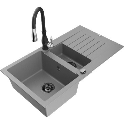 Mexen Matias гранитна мивка с 1, 5 камери с отцедник и кухненски смесител Savita, сив - 6502-71-672601-70-B (6502-71-672601-70-B)