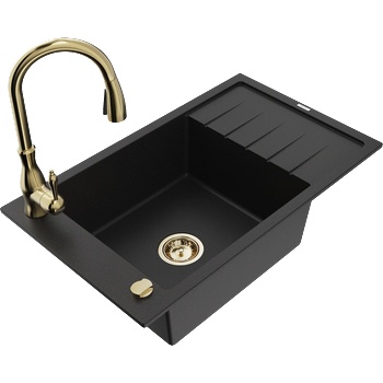 Mexen Elias гранитна кухненска мивка с 1 отделение с дренажна плоча и кухненски смесител Savita, черен - 6511-77-672601-50 (6511-77-672601-50)