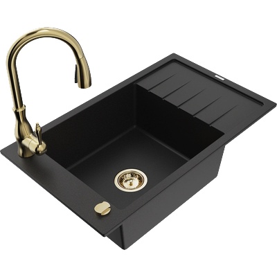 Mexen Elias гранитна кухненска мивка с 1 отделение с дренажна плоча и кухненски смесител Savita, черен - 6511-77-672601-50 (6511-77-672601-50)