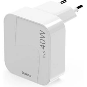 Hama Бързо мини зарядно GaN, 2 x USB-C, PD, 40 W, сгъващ се адаптер, бял (HAMA-201955) - Allstore