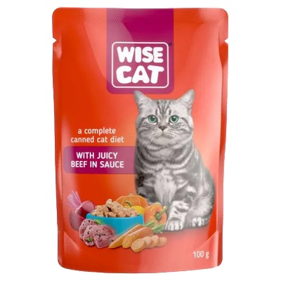 Wise Cat - Пауч за котки, вкусни парченца говеждо месо в сос 24 броя х 100 гр