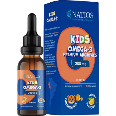 NATIOS Kids Omega-3 Premium Anchovies, 200 mg, Kvapky v MCT oleji, 30 ml