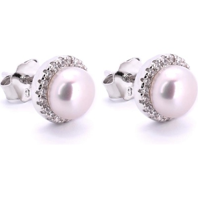 Rafity stříbrné náušnice bílou perlou a zirkony E0159PZ-0506