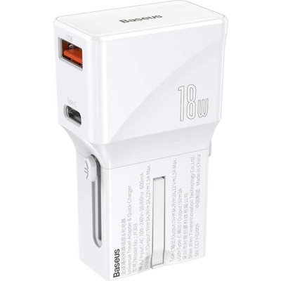 Baseus Universal Conversion Plug Wall Charger (CCTY-02) - захранване за ел. мрежа с USB-C и USB изходи и преходници за цял свят в едно устройство (бял)