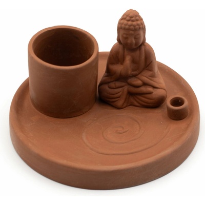 Stojánek na vykuřování - Buddha | Terakota z keramika v barvě terakota, na vonné tyčinky, kužely i bílou šalvěj