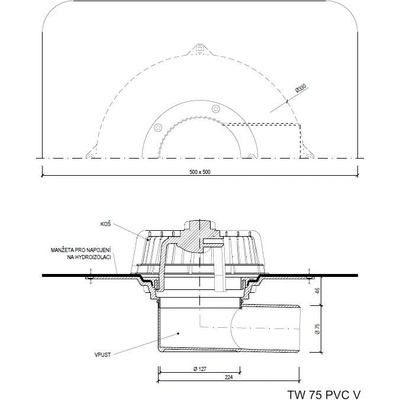Strešný vpust bočný TW PVC V Typ: 75 PVC V - DN 70