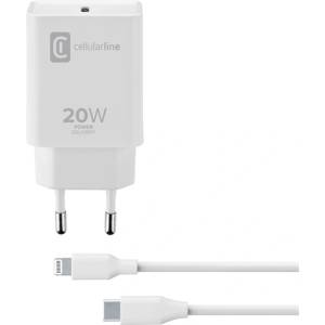 Cellularline мрежово зарядно устройство с Type-C конектор, 20 W, PD бързо зареждане + кабел Type-C - Lightning, БЯЛ (ACHIPDKITC2LMFI20W)