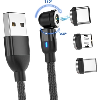 Platinium Magnetický nabíjecí a datový kabel otočný 540° 3v1, 2 m, černý, NYL599