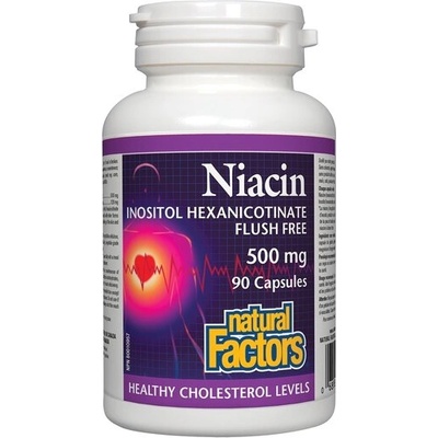 Natural Factors Ниацин 500 mg + Инозитол 120 mg (инозитол хексаникотинат, без зачервяване) - Нервна система и метаболизъм, 90 капсули (1223 NF)