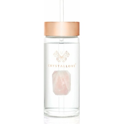 Crystallove Amethyst Straw Water Bottle sklenená fľaša na vodu s rúrkou Rose 400 ml