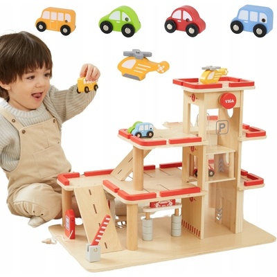 Viga Toys parkovisko s výťahom 4 autá Helikoptéra