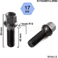 Kolový šroub M14x1,5x45 koule R13, klíč 17, S17D45R13-ZNNI, černý, výška 64