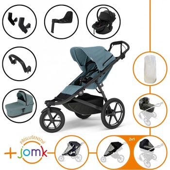 Thule Set 11v1 Urban Glide 3 Mid blue s magnetickou sponou 2025 + madlo + korba Mid blue + příslušenství JOMK + autosedačka Thule Maple Black s ISOFIX základnou Thule Alfi a adaptéry