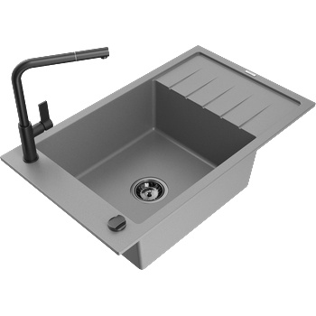 Mexen Elias гранитна мивка с 1 корито и сушилник и кухненски смесител Flora, сив - 6511-71-670401-70-B (6511-71-670401-70-B)