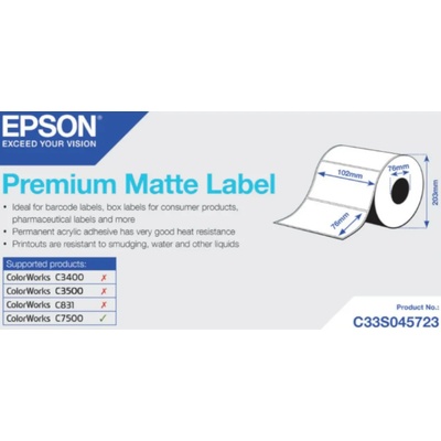 Epson C33S045723 Preмiuм Matte, за ColorWorks, 102x76мм, 1570 бр, бели самозалепващи етикети (C33S045723)