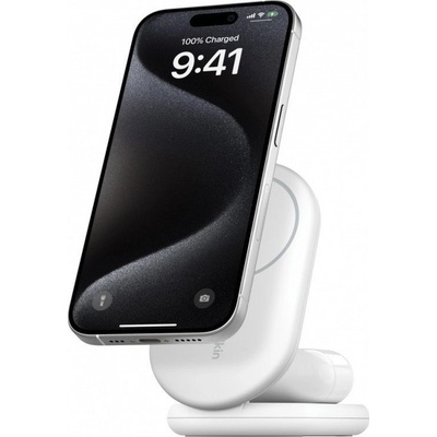 Belkin Boost 2in1 Foldable WIZ028 Magnetic/Qi/Qi2 Inductive Charger 15W + PSU, Бял (WIZ028VFWH)