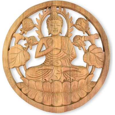 Závěsná dřevěná dekorace Buddha světlá - Vitarka Mudra - 30 cm