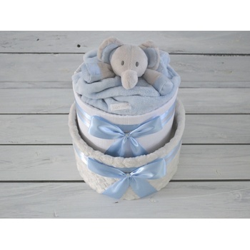 TortaNEtorta Dvojposchodová plienková torta VII. so sivou dekou a sloníkom Bábätko už má viac ako pol roka Modrá stuha a náplň pre chlapčeka